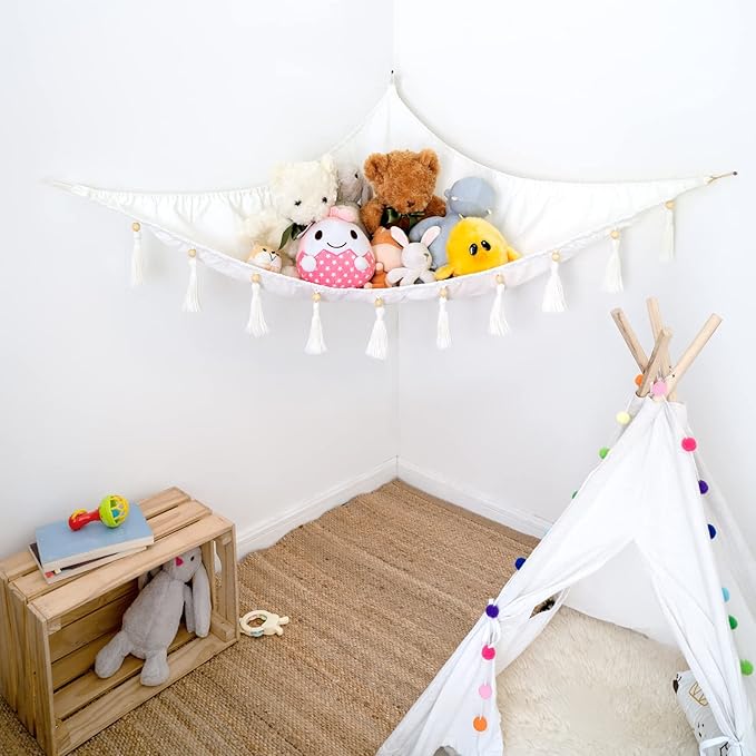 Mkono Stuffed Animal Hammock Corner Hanging Toy Organizer Storage with Tassels Plush Toys Net Holder Nursery Wall Bedroom Play Room Kid Room Decor