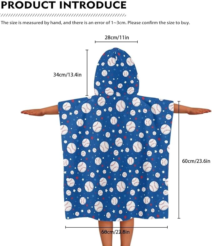 Hooded Beach Towel for Kids Baseball Large Towel Wrap Ultra Absorbent Natural Baby Stuff Baby Bath Shower Decorations for Boys Girls Blue