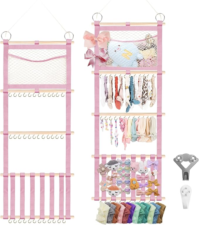 Munzong Headband Holder 52x17 inch, Pink Hair Bow Clip Organizer for Baby Girls, 4 Tier Wall Hanging Headband Shelf w/Mesh Bag, Large Nursery Hair Accessories Storage Hanger for Toddler Women
