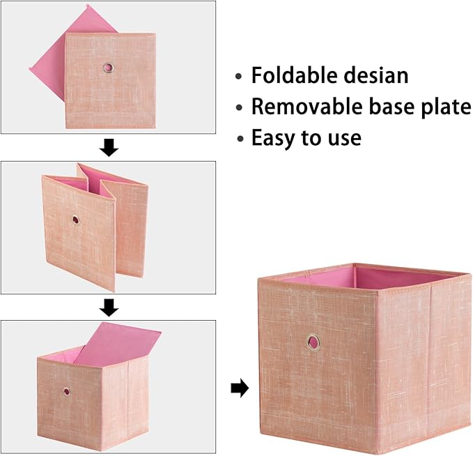 Foldable Storage Cubes Bins ,11 Inch Cloth Storage Cube Fabric Storage Box Cubes Organizer Baskets with Handles for Home Organizer Set of 6 (Cowboy Pink)