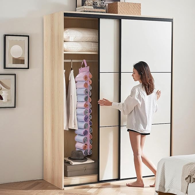 Legging Organizer Storage, Shirt Organizer, Foldable Hanging Closet Organizer Storage with 26 Roll Independent Compartments for Yoga Pants, Tank Top, Towel, Underwear (Pink)