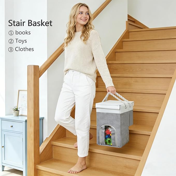 Stair Basket,16" Stair Basket for Stairs with Handle,Foldable staircase baskets for Carpeted and Wooden Stairs, Toys, Clothes, Books, Tools