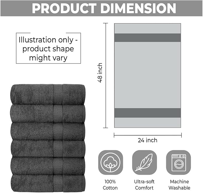 Hotel & Spa 100% Cotton Bath Towels Pack of 6, Ultra Soft, Quick Dry, Lightweight, Highly Absorbent, Perfect for Face, Hands, Spa, Gym, Hotel, Resort & Daily Use - Grey (24" x 48")