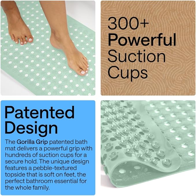 GORILLA GRIP Patented Bath Tub Shower Mat, Machine Washable Bathtub Floor Liner Mats, Suction Cups and Drain Holes to Keep Tubs Clean, Soft on Feet, Bathroom Essentials, 35x16 Inch, Mint Opaque