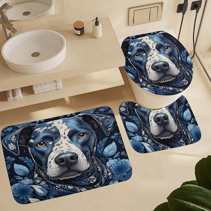 4Pcs Shower Curtain Set with Rugs Dog Wearing Scarf Bathroom Decor Set with Non-Slip Rugs Toilet Lid Cover and Bath Mat Pet Dog Lover Gift Funny Sayings Words Bathroom Shower Curtains Sets