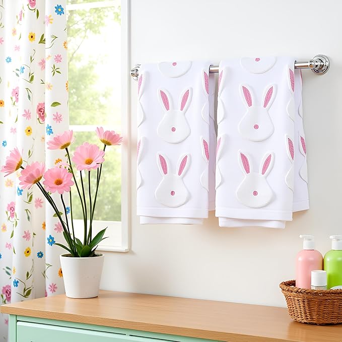 2pcs Easter Bunny Hand Towels Set 100% Cotton Soft Absorbent Spring Bathroom Hand Towels 14x29 Inch Cute Jacquard Easter Kitchen Decor Towels Holiday Kitchen Bathroom Decor Gift(White)