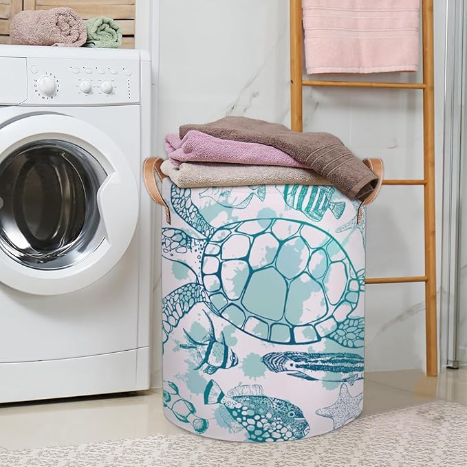 Large Laundry Hamper Basket Ocean Theme Round Freestanding Clothes Basket, Sea Turtle Collapsible Storage Organizer Bin with Leather Handles for Dirty Clothes Toys, Nursery Home Storage 16"W x 20"H