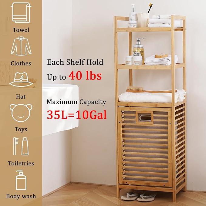 Laundry Hamper with 3 Tier Shelves & Tilt Out Basket, Laundry Baskets Organizer Hampers Bathroom Storage Shelf for Laundry Room, Bathroom, Guest Room (3-Tier Small)