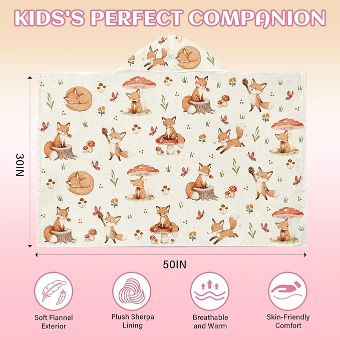 Hooded Towel for Kids, Cute Orange Fox Design Poncho Blanket for Toddlers 30" x 50", Soft Flannel Wearable Blanket for Pool, Beach, and Swim, Christmas Birthday Gifts for Boys and Girls