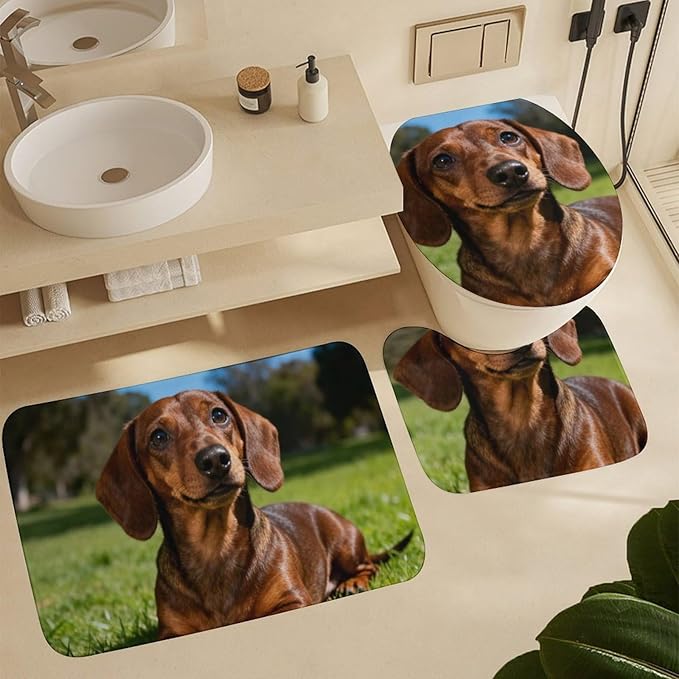 4 Piece Bathroom Rug Set with Shower Curtain, Non-Slip Bath Mat Toilet Cover Set, Dachshund Sitting Bathroom Rug Sets