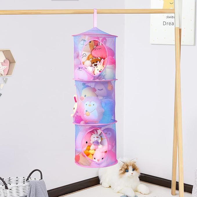 Basumee Stuffed Animals Net or Hammock 2 Pcs Stuffed Animals Storage Toy Net Hammock for Plushies Storage Organizer Mesh Kids Girls Room Decor, Rainbow, 3 Tiers