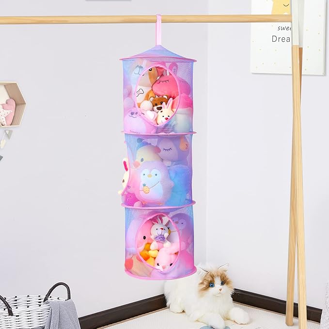 Basumee Stuffed Animals Net or Hammock 2 Pcs Stuffed Animals Storage Toy Net Hammock for Plushies Storage Organizer Mesh Kids Girls Room Decor, Blue and Purple, 3 Tiers
