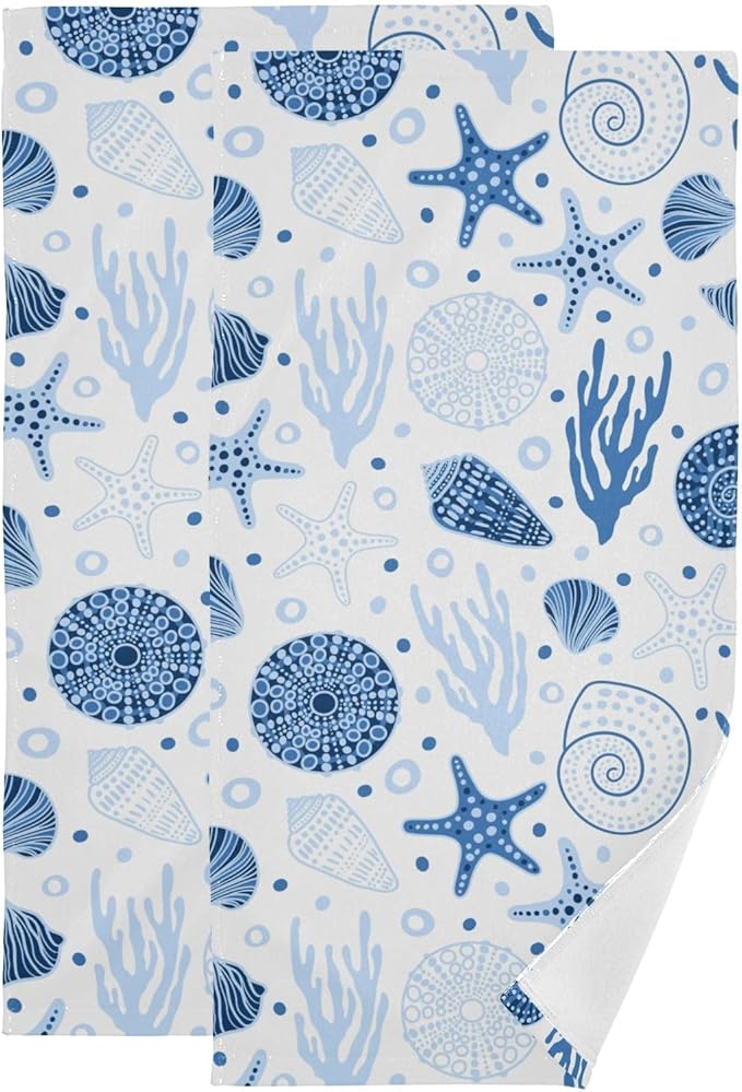 2 Pcs Blue Coastal Decorative Hand Towels for Bathroom,Soft Absorbent Summer Nautical Starfish Seashell Beach Dish Towels for Kitchen,Quick Dry Guest Bathroom Towels for Face,Shower 14"x28"