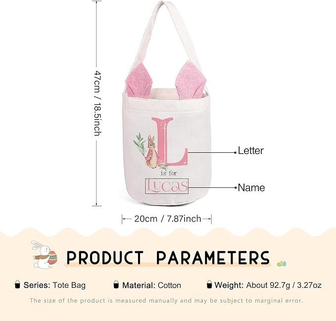 Personalized Name Easter Basket, Bunny Basket for Kids, Easter Bunny Bag for Boys Girls, Egg Hunt Bucket, Party Favors (Style C)