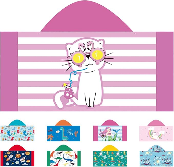 Hooded Beach Towel, Microfiber Hooded Beach Towel For Kids Toddler Infant Boy Girl, Beach Towel with Hood For Bath Pool Swim Swimwear Summer Beach Essentials Cartoon Shower Gift (24x50 Inch, Pink Cat)
