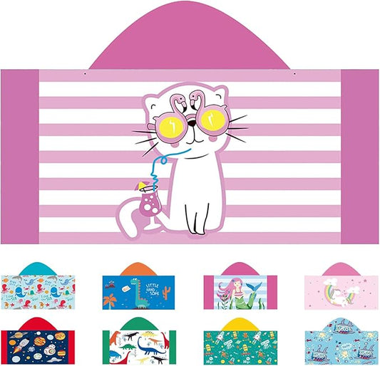 Hooded Beach Towel, Microfiber Hooded Beach Towel For Kids Toddler Infant Boy Girl, Beach Towel with Hood For Bath Pool Swim Swimwear Summer Beach Essentials Cartoon Shower Gift (24x50 Inch, Pink Cat)