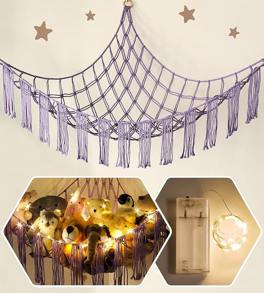 Stuffed Animal Hammock Corner with LED Light - Toy Storage Hammock Plushie Net Organizer - Teddy Bear Stuffy Hammock - Purple Nursery Decor Baby Kids Bedroom Nursery Furniture
