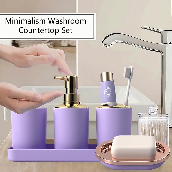 9 Pieces Purple Bathroom Accessories Set Gorgeous Gold Bathroom Set, Trash Can, Toilet Brush, Soap Dispenser, Toothbrush Holder, Soap Dish, Tumber, Qtip Holder, Tray, Sink Countertop Set