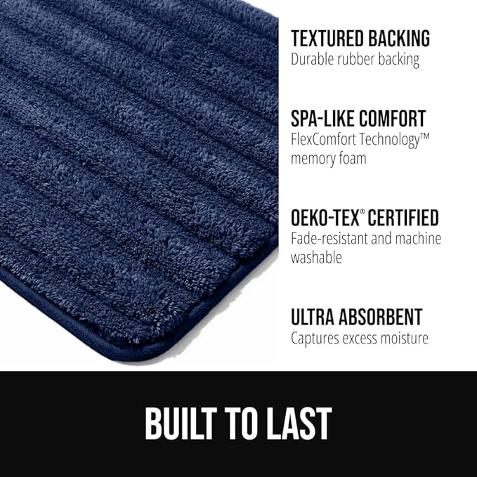 GORILLA GRIP Textured Backing Bathroom Rugs, Soft Memory Foam Absorbent Striped Bath Mats, Machine Washable & Fade Resistant, Bathmat Accessories for Floor, Home Decor Shower Essentials, Navy 30x18