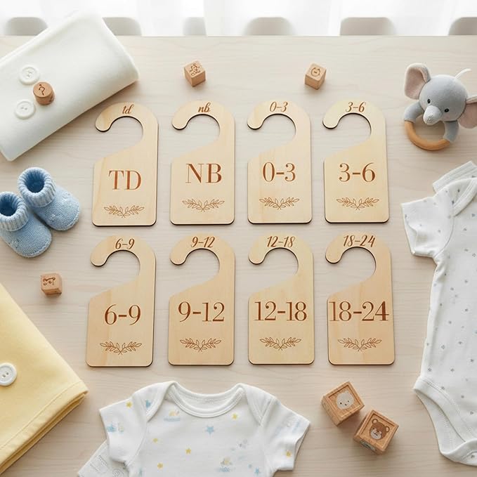 Baby Closet Dividers for Clothes Organizer -8Pcs Wooden Baby Clothes Size Dividers from Newborn to Toddler, Double-Sided Gender Neutral Babys Cloth Organizer