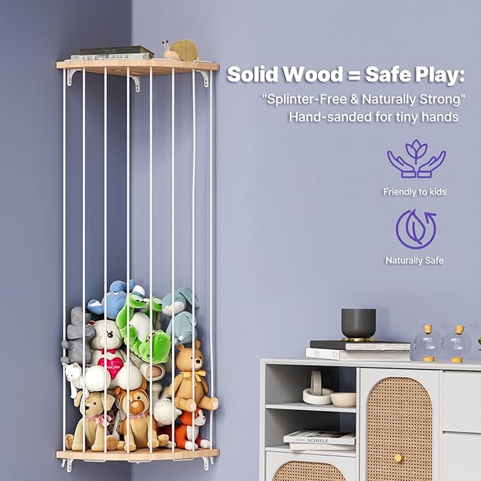 Corner Stuffed Animal Storage Zoo – Adjustable Natural Solid Wood Toy Organizer & Teddy Bear Holder – Large Wall Plushie Cage Shelf with Reinforced Star & Moon Cutouts for Nursery Kids Room