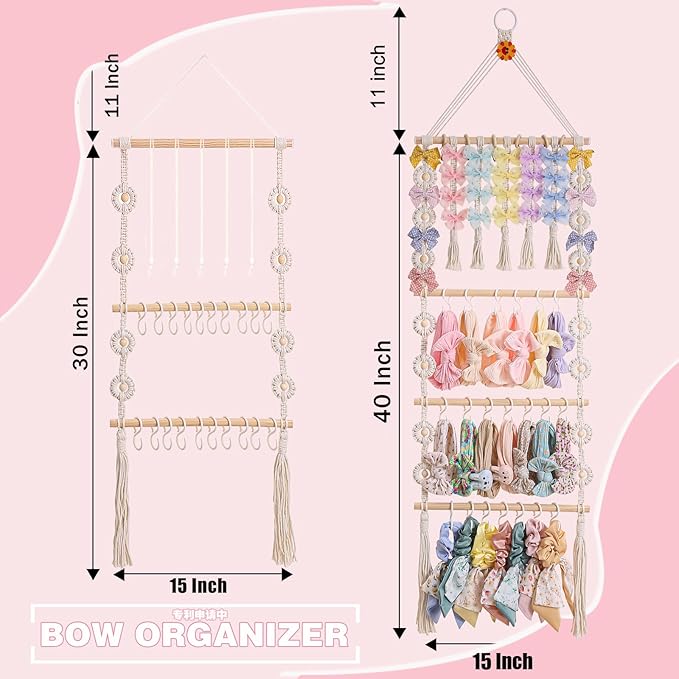 Headband Holder - Bow Holder for Baby Girl – Macrame Bow Organizer for Baby Girl w/Hooks, Slings & Wooden Bead – Space Saving Baby Bow Organizer for Expecting Moms