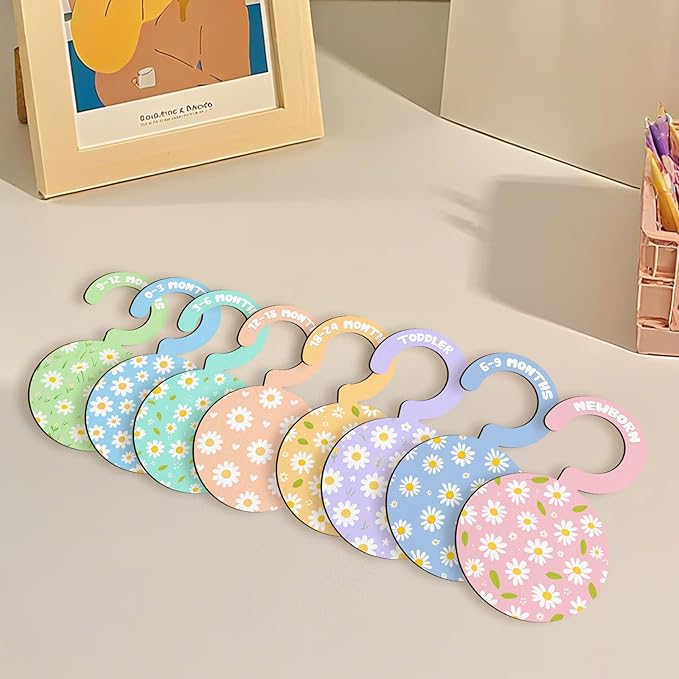 Baby Clothes Dividers for Closet - Set of 8 Wooden Baby Size Closet Dividers Newborn to 24 Months, Newborn Organizer for Girls, Daisy Floral Baby Nursery Decor Kit Newborns Gift Baby Shower