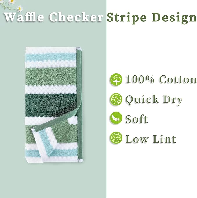 Green and White Washcloths (6PC, 13"x13") - 100% Cotton, Quick Dry, Thick&Absorb, Soft Washcloths for Bathroom & Showering, Striped Wash Cloths for Face & Body, Green Stripe and White Waffle/Checkered