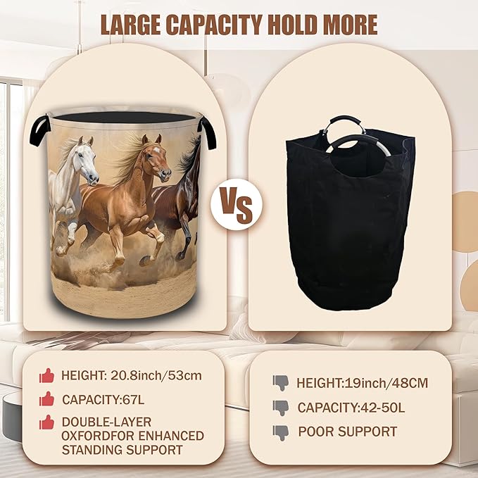 Horses Gallop Laundry Baskets,Laundry Hamper,Storage Basket with Handles for Bathroom Bedroom College Dormitory Living Room Nursery Organizer 16"x20.8"