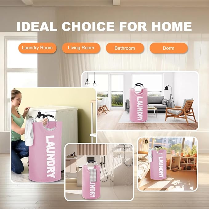 Mziart Large Laundry Basket with Padded Handles, Oxford Fabric Laundry Hamper Tall Laundry Bag Clothes Hamper Laundry Bin Storage Organizer for Bedroom Bathroom College Dorm (90L Pink)