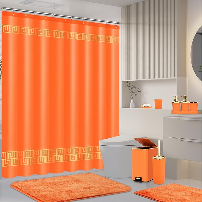 11PCS Bathroom Sets with Shower Curtain and Rugs Bathroom Accessories Set Orange Bathroom Set,Soap Dispenser & Toilet Brush Holder Set with Stainless Steel Trash Can