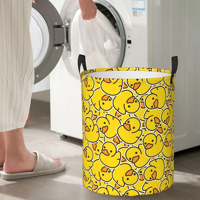 62L Round Laundry Hamper Cute Rubber Ducky Storage Basket Waterproof Coating Yellow Cartoon Ducks Organizer Bin For Nursery Clothes Toys