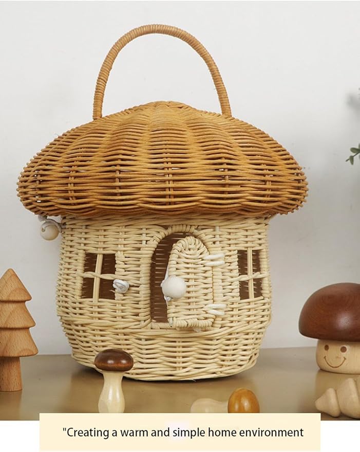 Mushroom Basket with Lid House Shaped Mushroom Basket Portable Decorative Rattan with Handle Photography Props-Gifts for Kid(RED25*26 * 26cm)