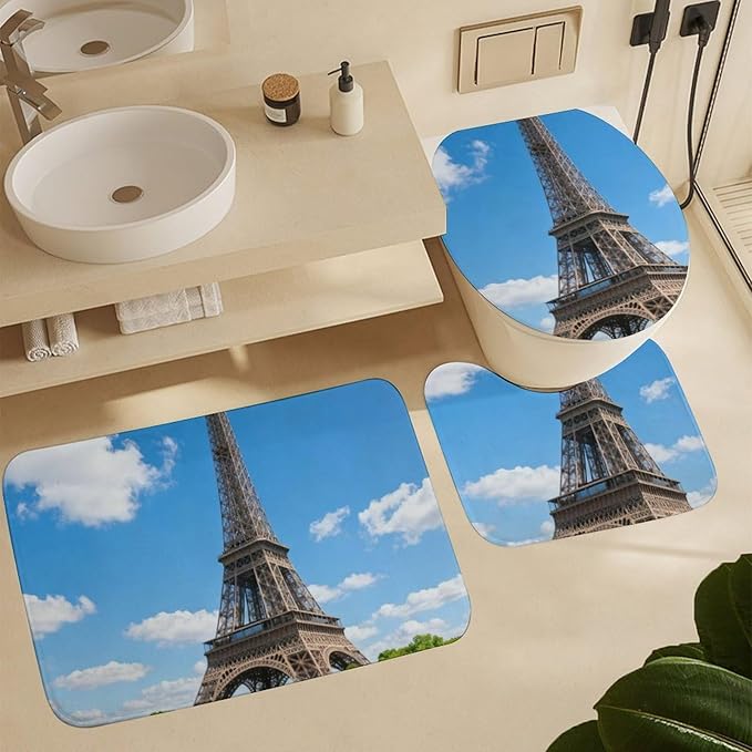 4 Piece Bathroom Rug Set with Shower Curtain, Non-Slip Bath Mat Toilet Cover Set, Eiffel Tower Bathroom Rug Sets