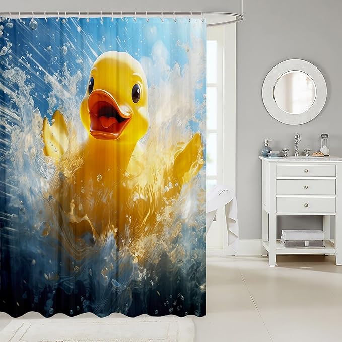 3D Cute Duck Shower Curtain, Blue Sea Surfing Bathroom Curtain for Kids, Teens, Women - Summer Ocean Sports Waterproof, Cartoon Farm Animal Style, 12 Hooks, 72" W x 78" L