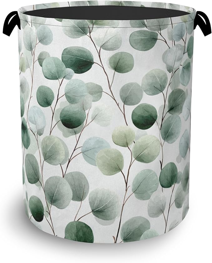 Eucalyptus Leaves Laundry Basket,Foldable Oxford Cloth Tote Bag Laundry Hamper Clothes Storage Bucket Organizer for Bedroom Laundry Storage Dormitories 16" x 20.8"