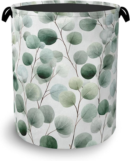 Eucalyptus Leaves Laundry Basket,Foldable Oxford Cloth Tote Bag Laundry Hamper Clothes Storage Bucket Organizer for Bedroom Laundry Storage Dormitories 16" x 20.8"