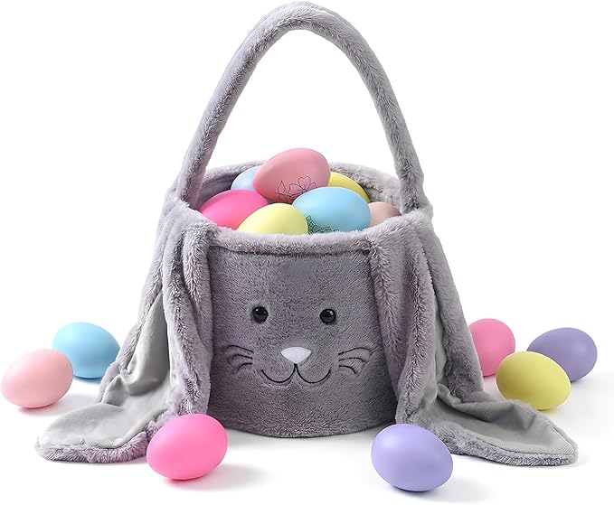Easter Basket, Cute Bunny Easter Basket with Plush Ears, Easter Baskets for Egg Hunt, Candy & Gift Storage (Gray)