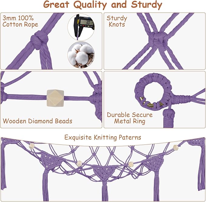 Stuffed Animal Net Hammock Corner, 57 Inch Large No Drilling Handcrafted Toy Hammock Plushie Net, Natural 100% Cotton Boho Macrame Stuffy Storage Toy Net organizer for Kid Room Nursery Decor(Purple)