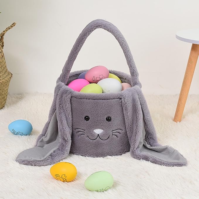 Plush Easter Bunny Basket Bags for Kids, Rabbit Bucket Tote with Long Fluffy Ears, Cute Egg Hunts Party Storage Candy Gifts Carry Bucket Decorations (Gray)