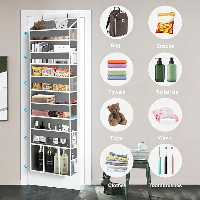 Over The Door Organizer Closet,6 Bins 12 Side Pockets,Hanging Organizer,Anti Tilt 50 lbs Load Organizers and Storage with Clear Window for Bedroom,Nursery,Rv,Bathroom,Camper(Grey)