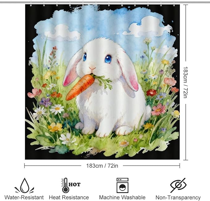 4 Piece Bathroom Rug Set with Shower Curtain, Non-Slip Bath Mat Toilet Cover Set, Lop-Eared Rabbit Bathroom Rug Sets
