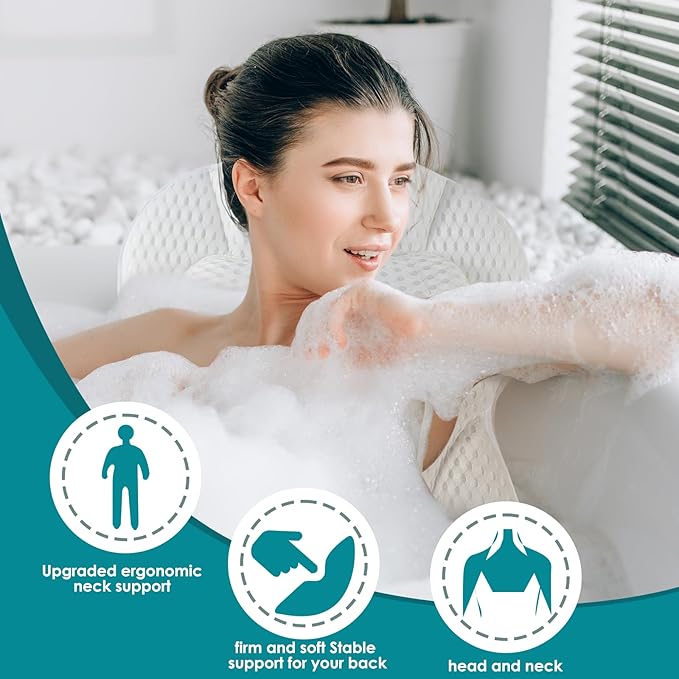 SQLHM Bath Pillows for Tub, Luxury Bath Pillow for Neck and Back Support - with Comfortable Breathable Cotton 6 Non-Slip Suction Cup Bathtub Accessories - Spa Bath Mat Gifts for Women
