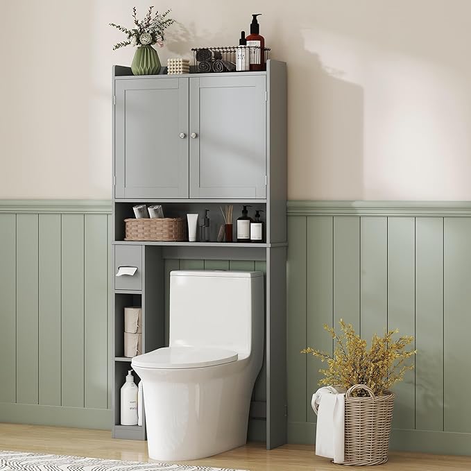 HOMCOM Over The Toilet Storage Cabinet, Modern Above Toilet Bathroom Organizer with 2 Doors, Storage Shelves, Toilet Paper Holder, Freestanding Space Saver for Bathroom, Laundry, Gray