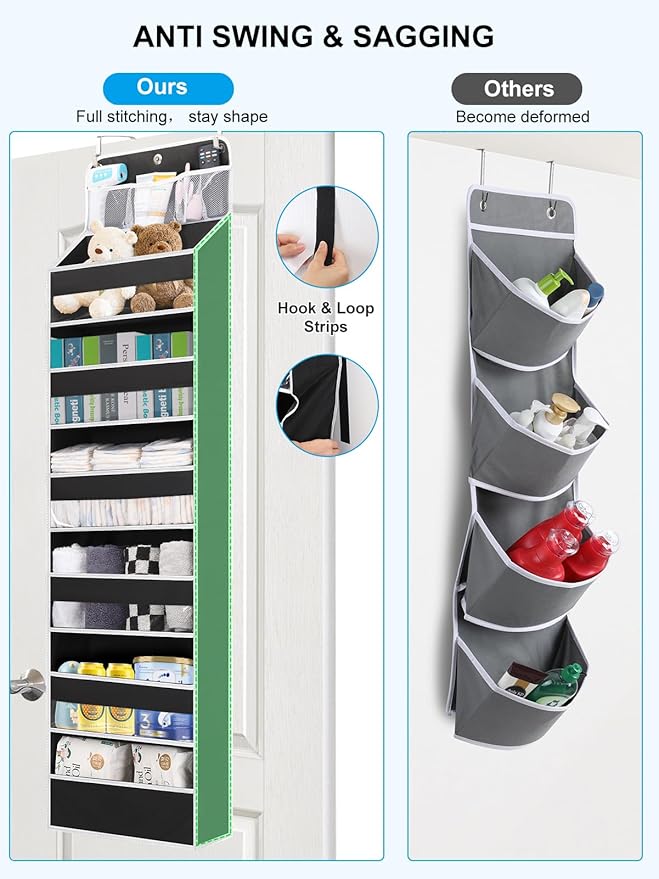 Over the Door Storage Hanging, 6 Tier Behind Door Organizer for Bedroom Nursery Closet to Store Diapers/Toys/Shoes/Sundries/Stuffed Animals/Bags, 1 Pack, Black