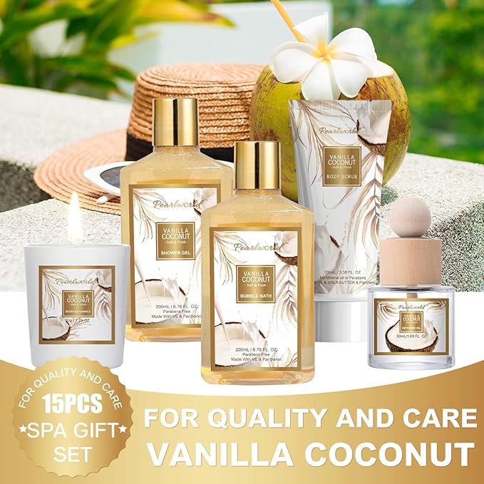 Valentine's Day Gifts Basket for Women, 15pcs Vanilla Coconut Bath Set with Shower Gel, Bubble Bath, Diffuser Oil, Scented Candle, Skin Care Kit Birthday Gift for Women