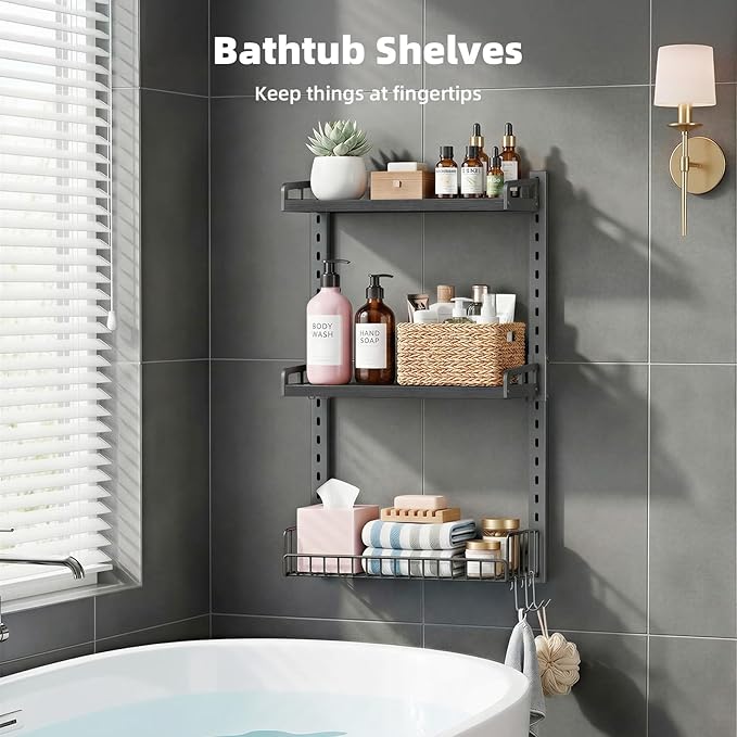 3 Tier Bathroom Shelves Over Toilet - Wall Mounted Floating Shelves with Drain Basket, Toilet Paper Storage, Height Adjustable Over The Toilet Storage, Pure Black