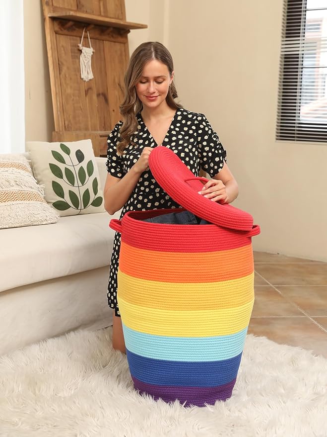 26" x 20" Handcrafted Tall Cotton Rope Basket with Lid, Stylish Flagon Shape with Cover, Clothes Hamper with Top, for Bedroom and Living Room, Rainbow