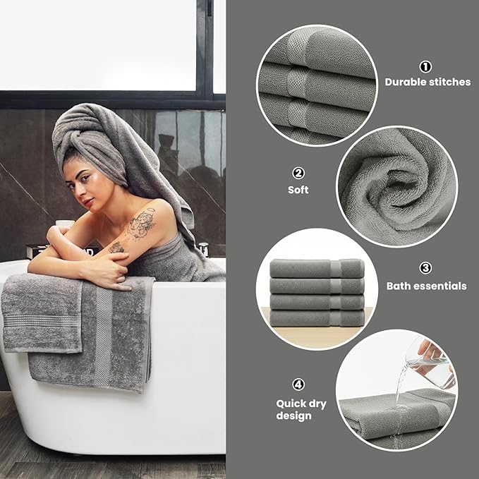 Grey Bath Towels 30x60 – Pack of 4 | Soft, Light Weight & Quick-Dry | Highly Absorbent 100% Combed Yarn Cotton Towels for Bathroom, Spa, Home & Hotel Use (Grey Bath Towels, 30x60- Pack of 4)