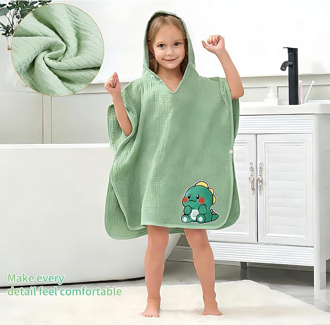 Hooded Towel for Kids 100% Cotton Bath Towel Toddler Beach Essentials with Animal Design 2-6Years (Green, Small)